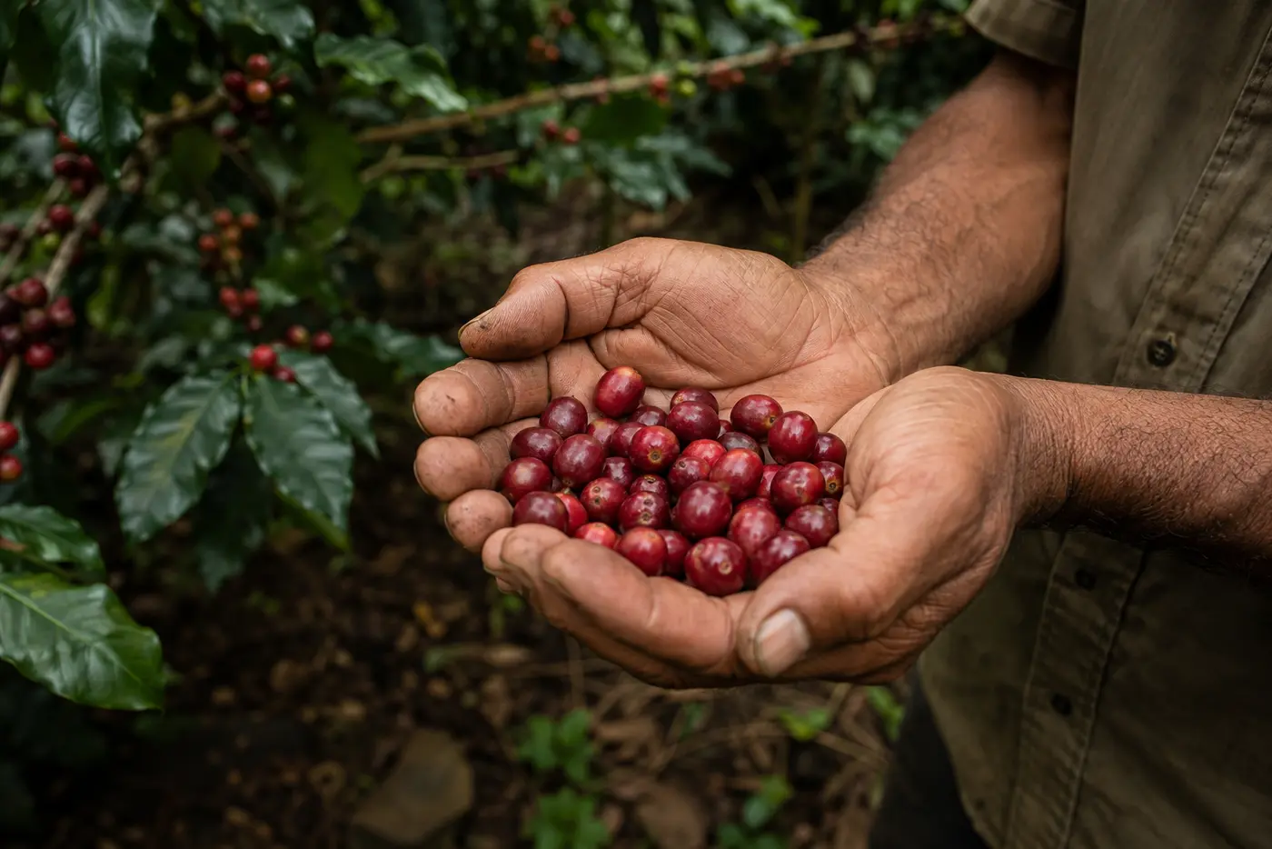 Manos de agricultor sostienen cerezas rojas de café recién cosechadas
