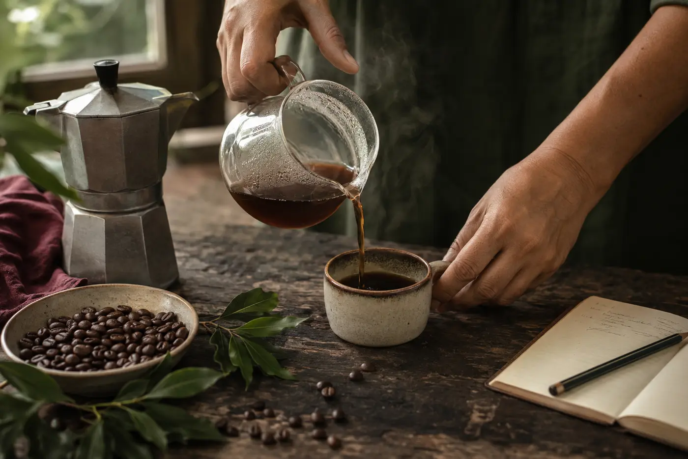 Café servido a mano junto a granos tostados y notas de cata