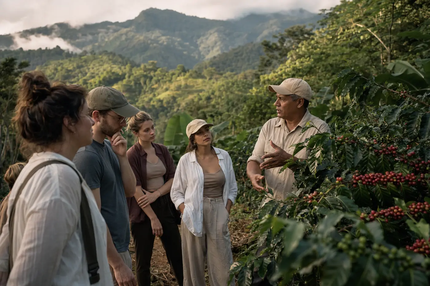 Visitantes recorren un cafetal puertorriqueño con una guía local
