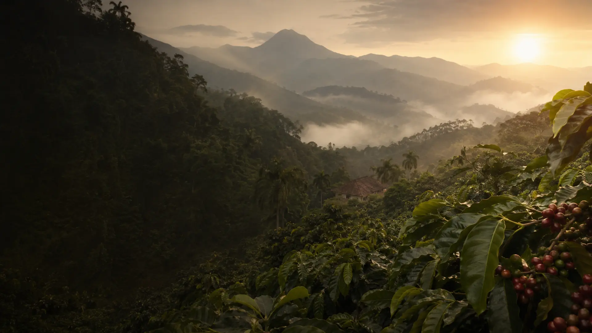 Cafetales verdes y montañas de la Cordillera Central de Puerto Rico al amanecer