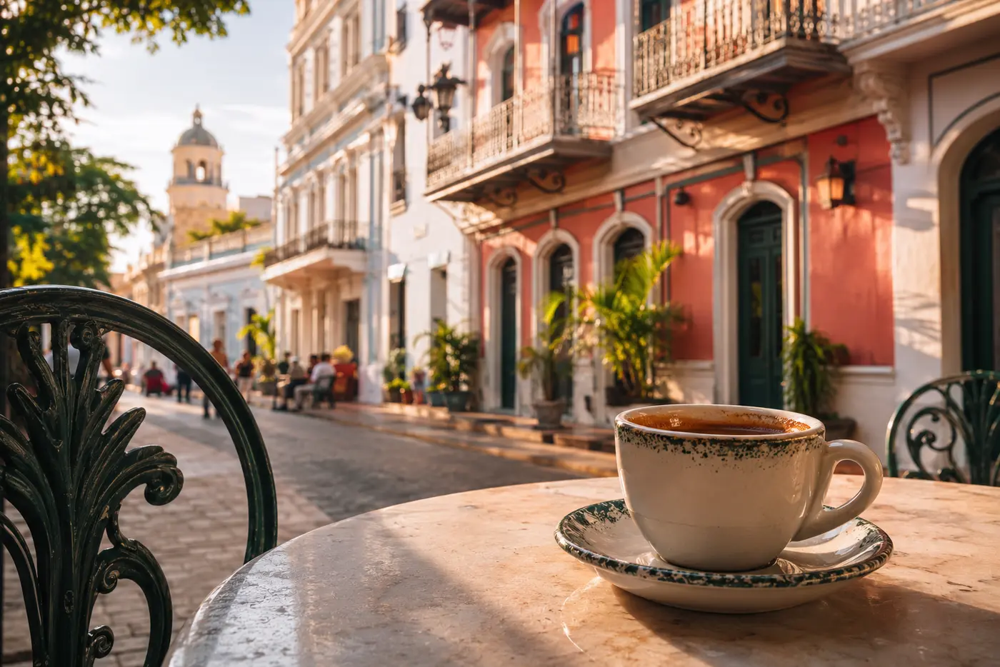 Taza de café frente a la arquitectura histórica de Ponce Pueblo