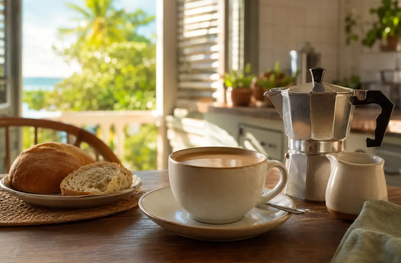 Café con leche puertorriqueño servido junto a una greca en la mesa del desayuno