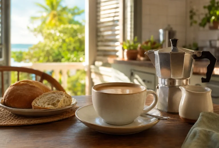 Café con leche puertorriqueño servido junto a una greca en la mesa del desayuno