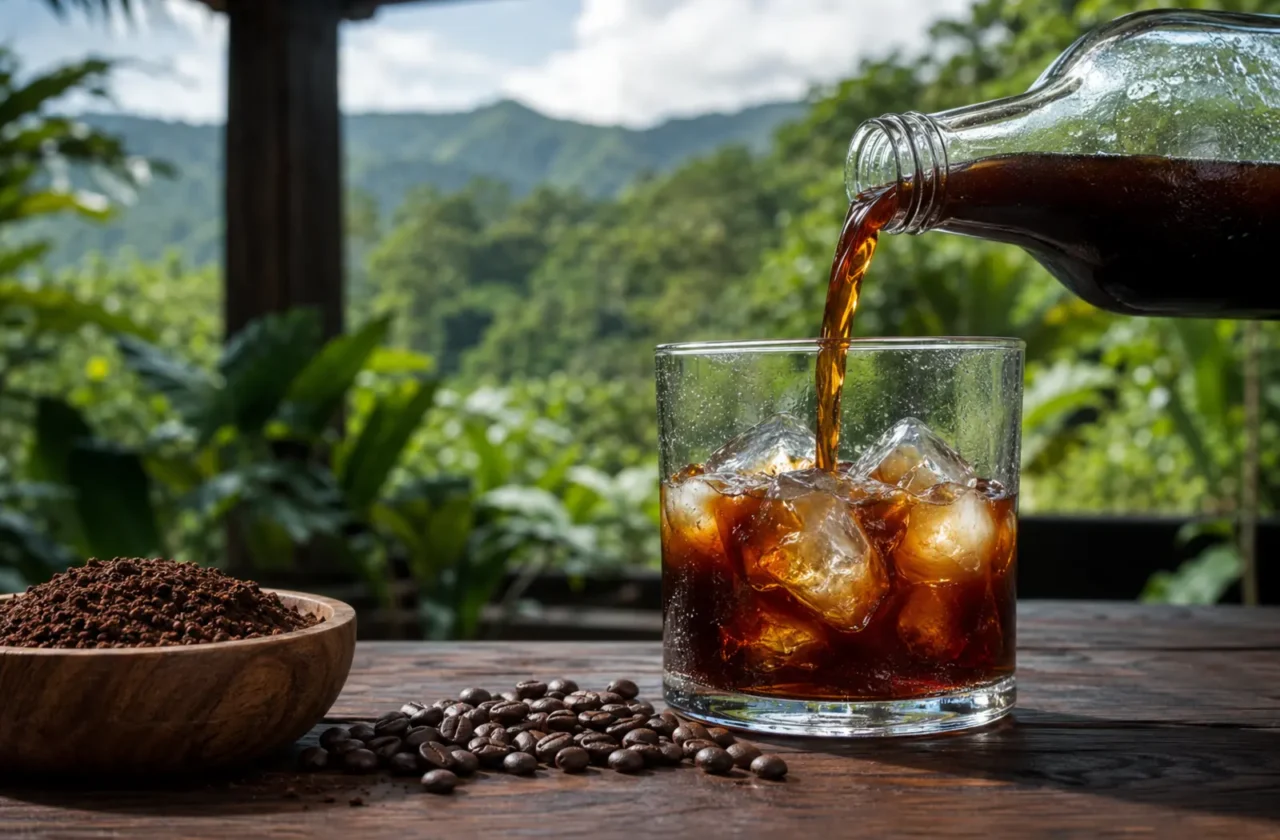Cold brew de café puertorriqueño vertido sobre cubos grandes de hielo