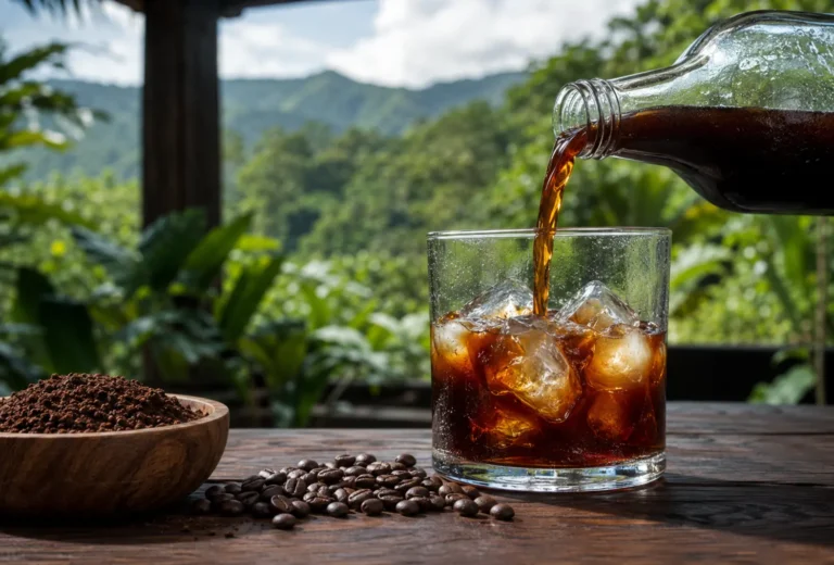 Cold brew de café puertorriqueño vertido sobre cubos grandes de hielo