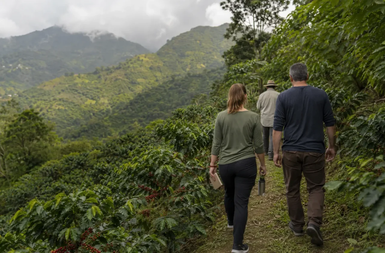 Viajeros con calzado de campo y libreta comienzan un tour de café en las montañas de Puerto Rico