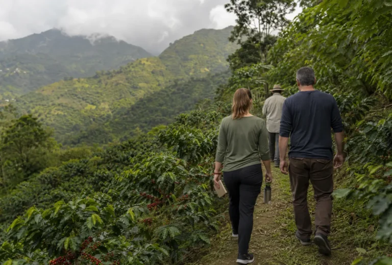 Viajeros con calzado de campo y libreta comienzan un tour de café en las montañas de Puerto Rico
