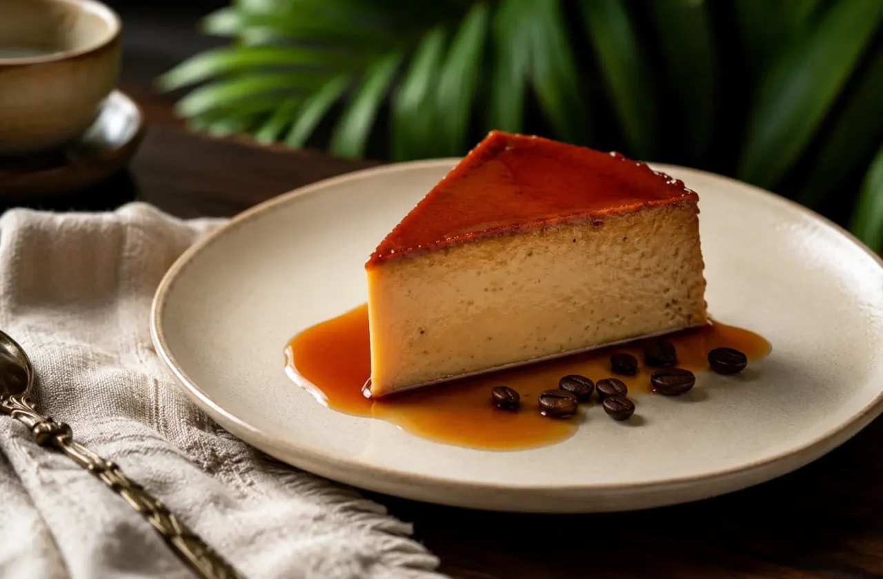 Porción de flan de café puertorriqueño con caramelo brillante