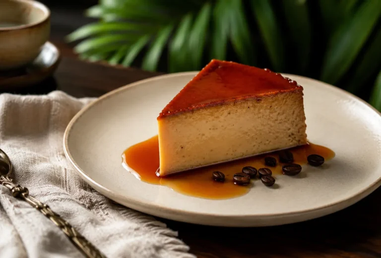 Porción de flan de café puertorriqueño con caramelo brillante