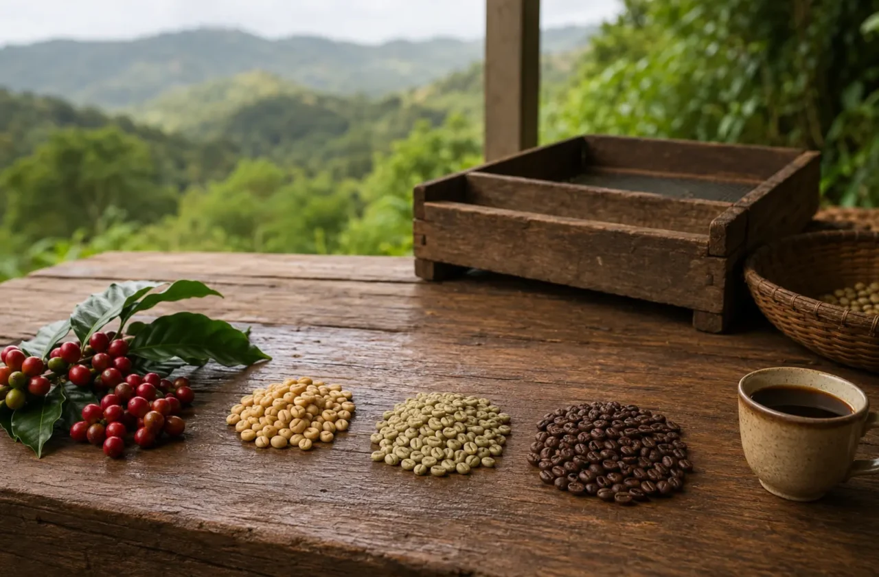 Cerezas de café pergamino granos tostados y taza organizados de izquierda a derecha