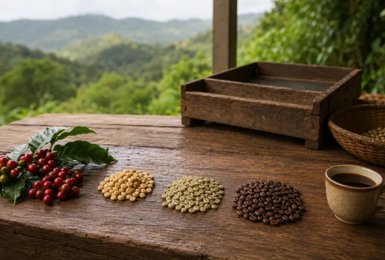 Cerezas de café pergamino granos tostados y taza organizados de izquierda a derecha