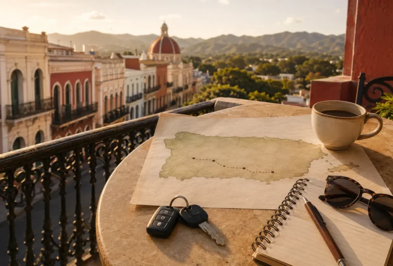 Mapa de Puerto Rico libreta llaves y taza preparados para una ruta de café desde Ponce