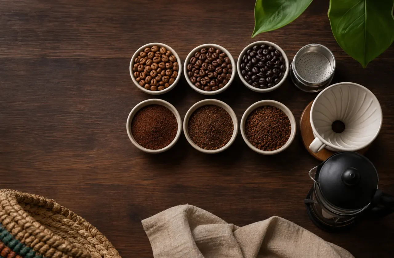 Muestras de café claro medio y oscuro con diferentes tamaños de molienda