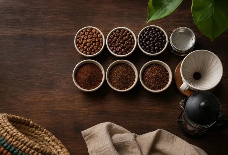 Muestras de café claro medio y oscuro con diferentes tamaños de molienda