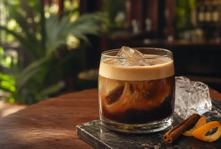 Vaso frío de café shakerato puertorriqueño con espuma sobre una barra tropical