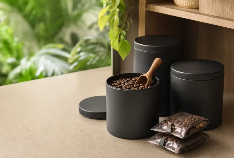 Granos de café junto a recipientes herméticos en una cocina tropical seca y ordenada