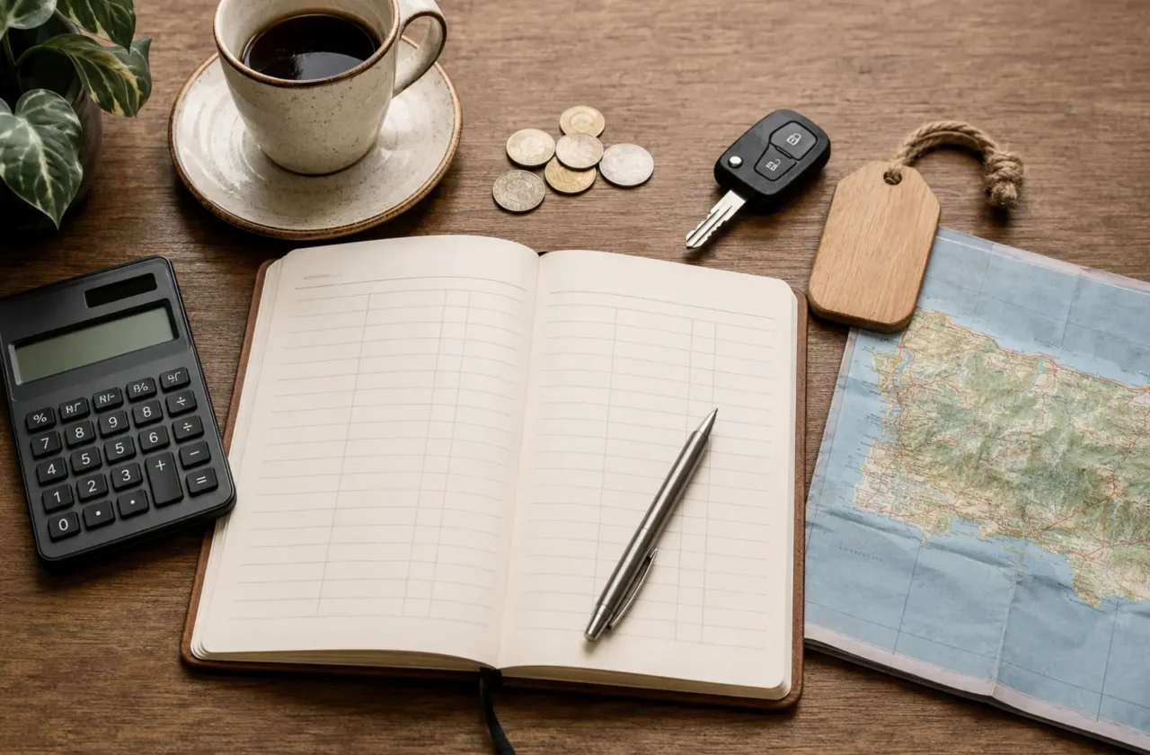 Libreta de presupuesto calculadora llaves mapa y taza de café sobre una mesa