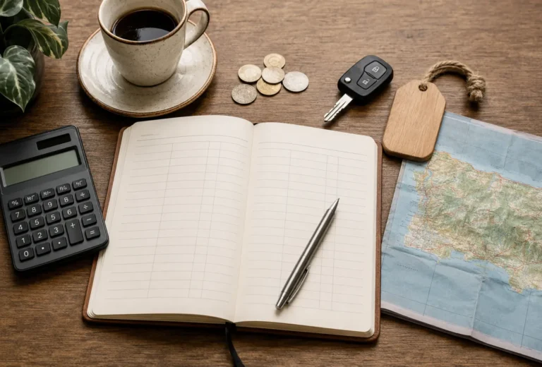 Libreta de presupuesto calculadora llaves mapa y taza de café sobre una mesa