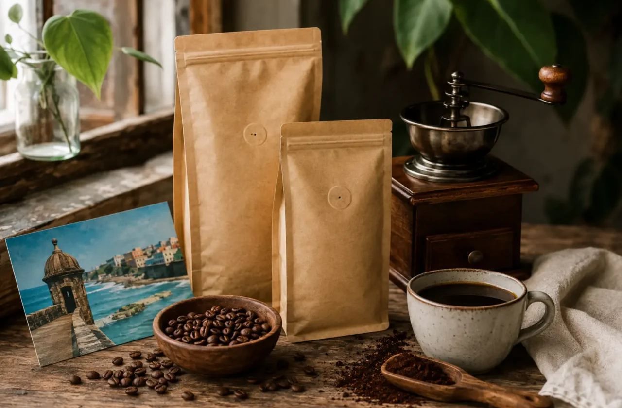 Bolsas de café molino manual taza y recuerdo de Puerto Rico sobre una mesa
