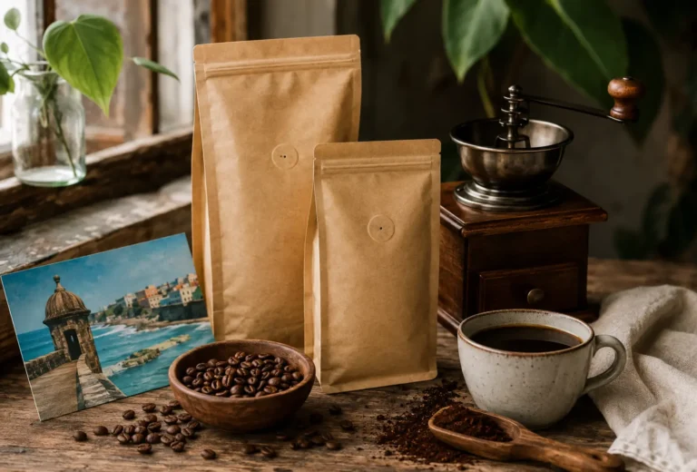 Bolsas de café molino manual taza y recuerdo de Puerto Rico sobre una mesa