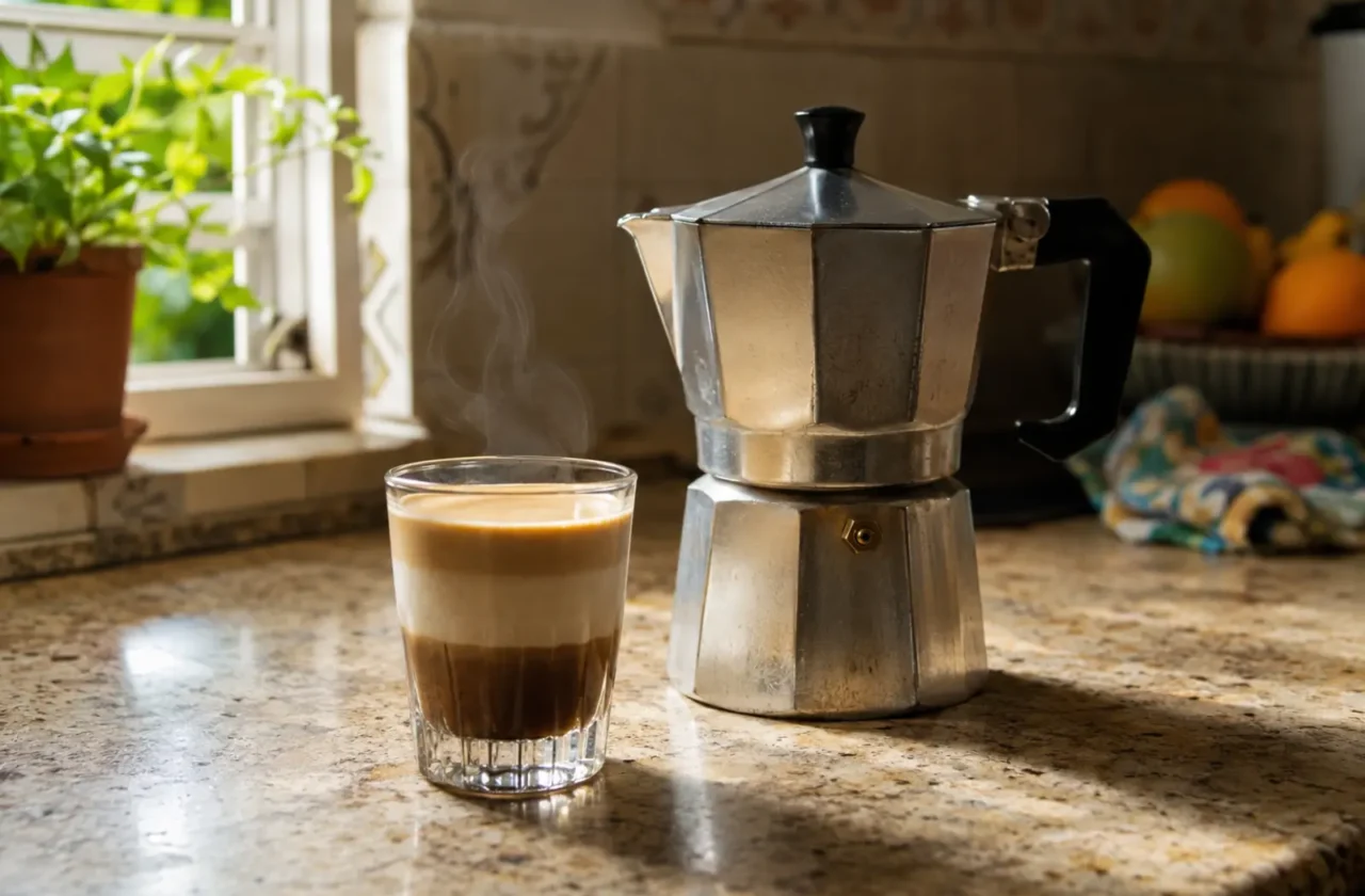 Cortadito en vaso pequeño junto a una greca sobre la cocina
