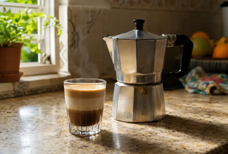 Cortadito en vaso pequeño junto a una greca sobre la cocina