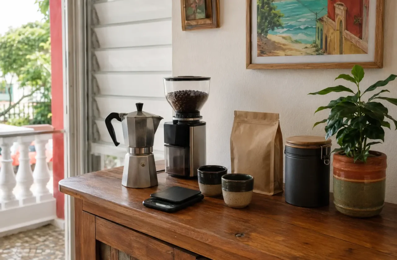 Barra de café en casa con greca molino balanza tazas y planta