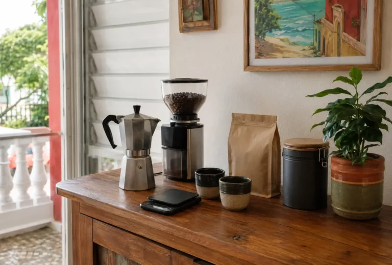Barra de café en casa con greca molino balanza tazas y planta