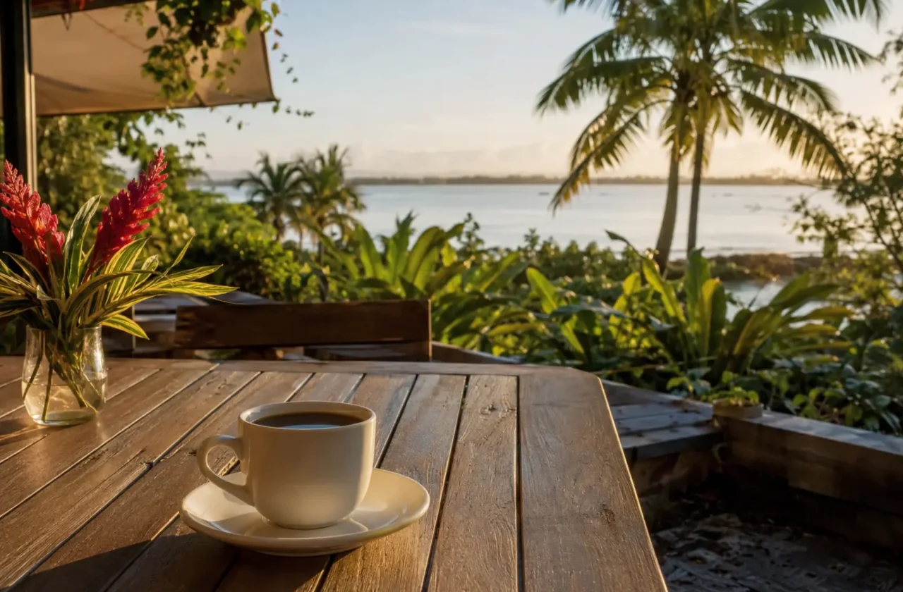 Taza de café en terraza tropical frente al agua en Humacao