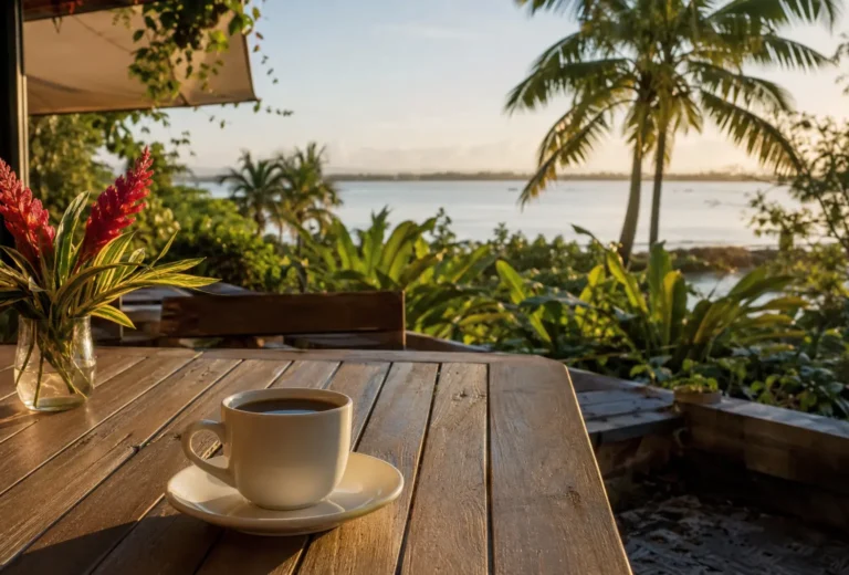 Taza de café en terraza tropical frente al agua en Humacao