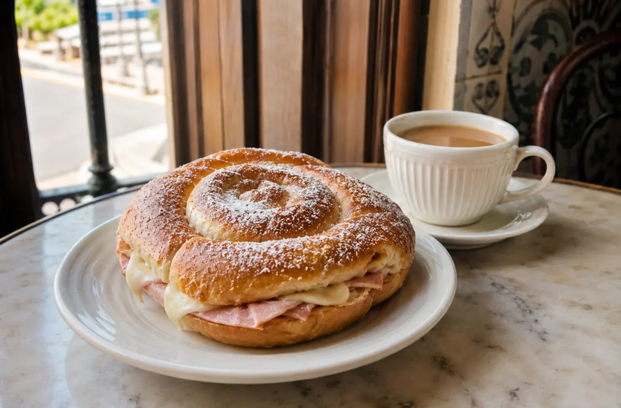 Pan de Mallorca con jamón y queso junto a una taza de café con leche