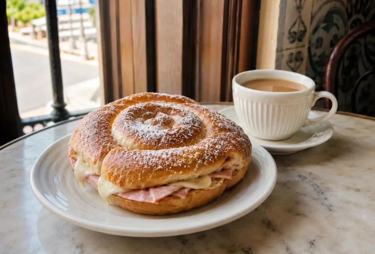 Pan de Mallorca con jamón y queso junto a una taza de café con leche