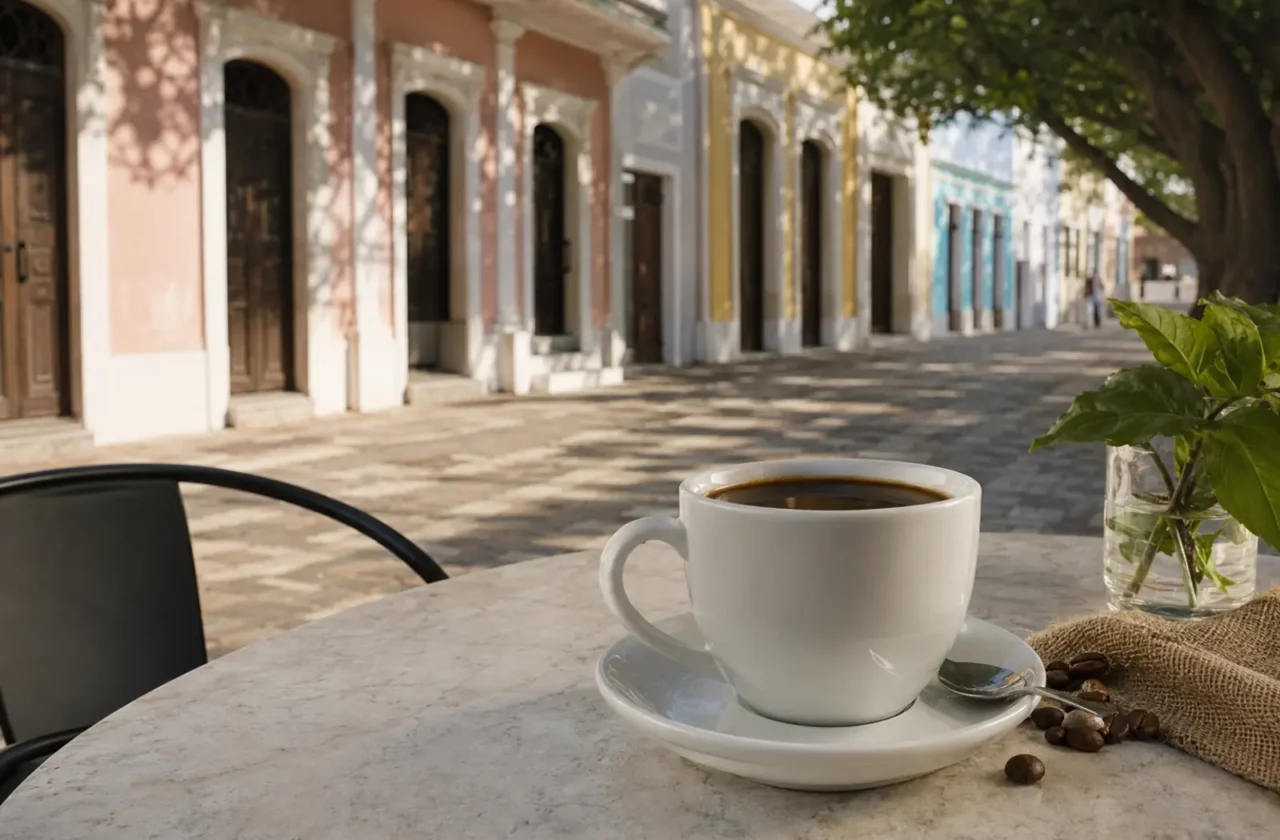 Taza de café sobre una mesa frente a fachadas históricas de Ponce Pueblo