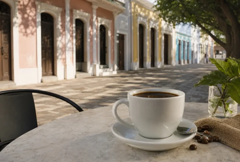 Taza de café sobre una mesa frente a fachadas históricas de Ponce Pueblo