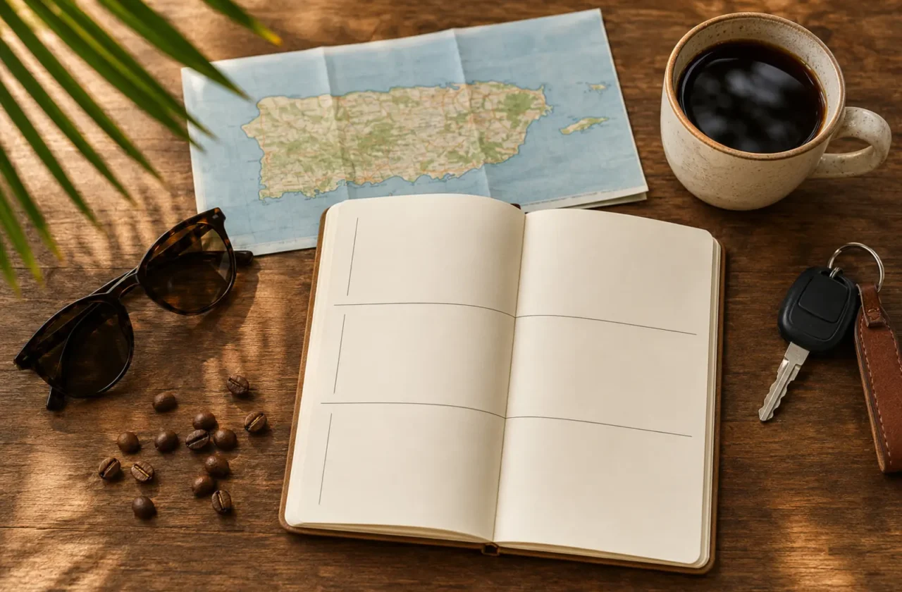 Libreta abierta mapa de Puerto Rico llaves y taza para planificar un viaje