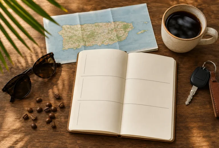 Libreta abierta mapa de Puerto Rico llaves y taza para planificar un viaje